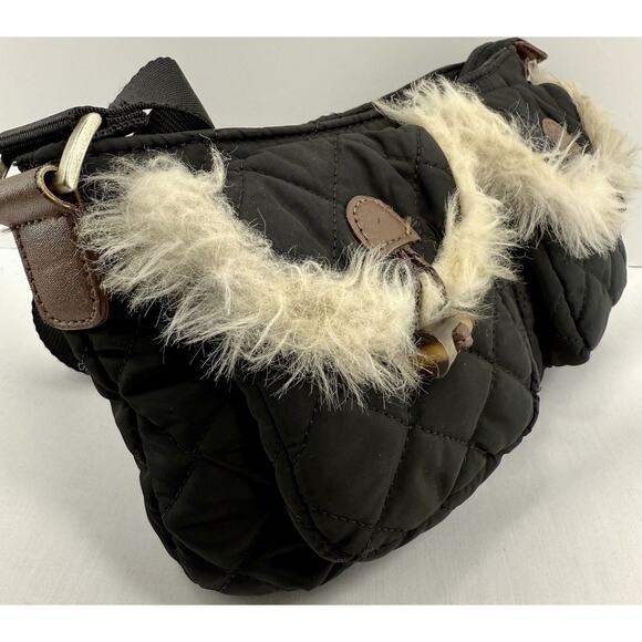 Old Navy Clutch Shoulder Bag Quilted Black Faux Fur Trim Winter EUC - Picture 1 of 10